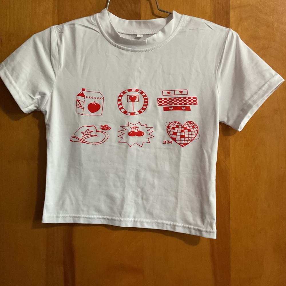Cropped White Short-Sleeve Graphic Tee with Red Icons